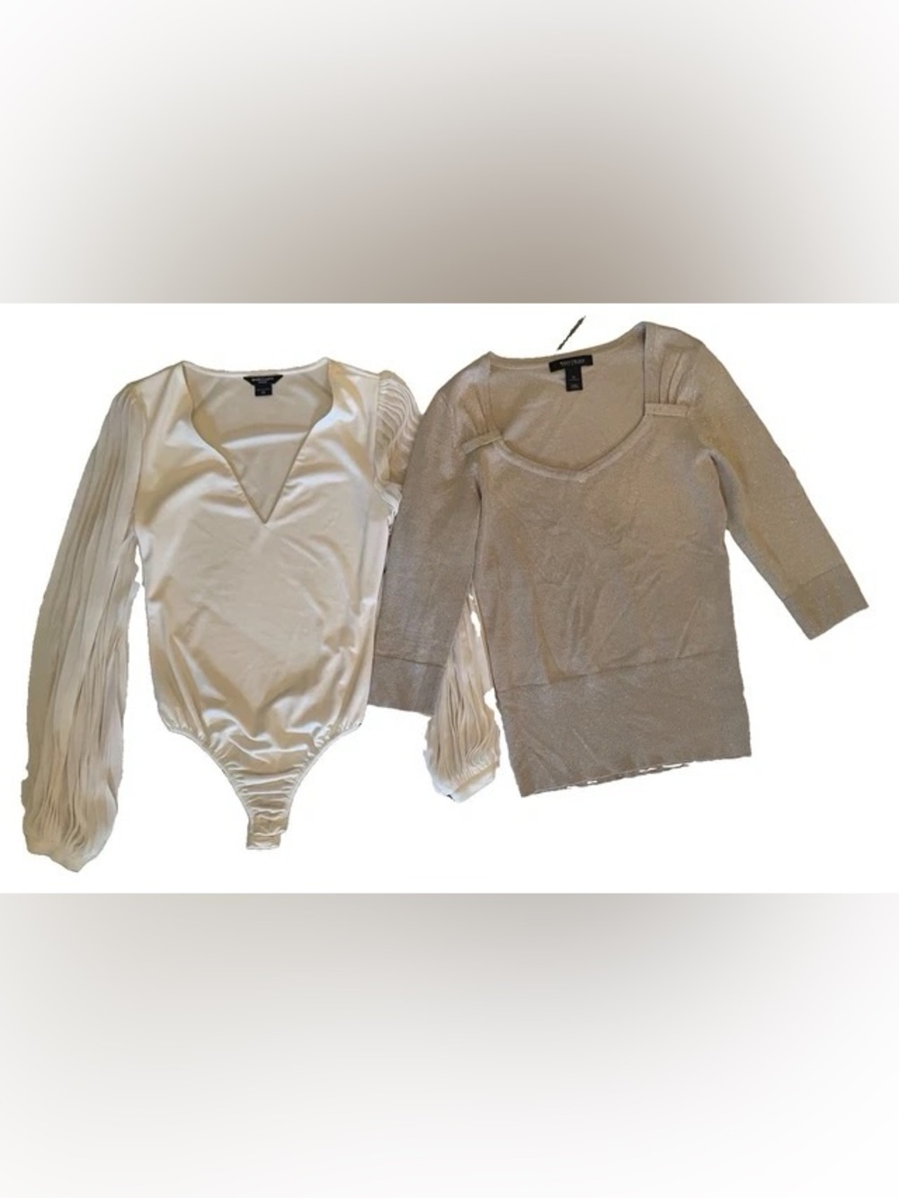 Marciano Ivory Satin Long-Sleeve Bodysuit & Taupe Metallic Knit Top - Women